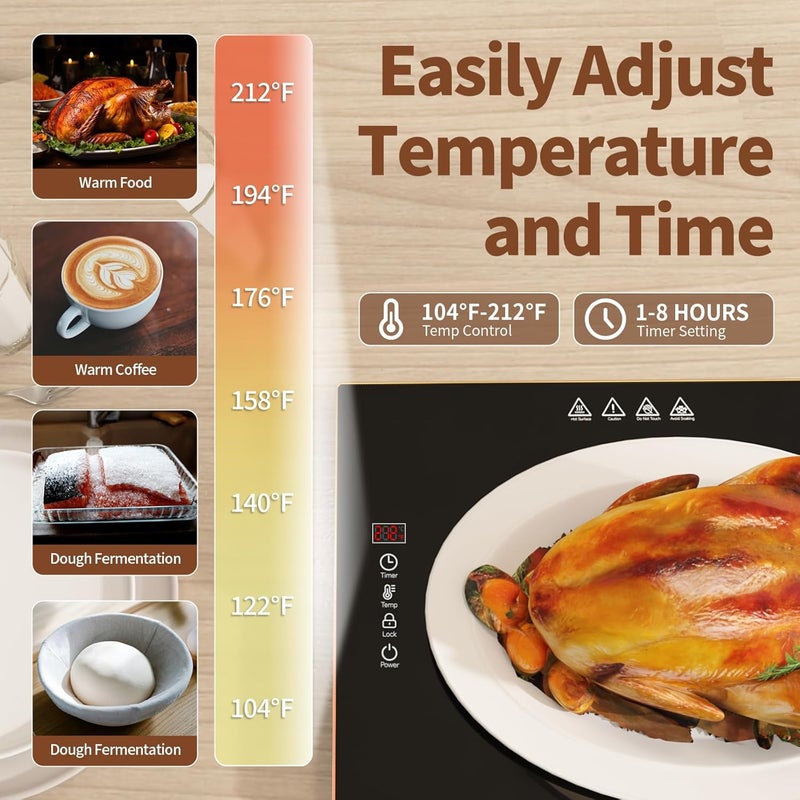 CedarAce Food Warmers for Parties Buffet, （31.5"x12"） Assemblable Stackable Electric Warming Tray with 8-Level Temperature Adjustment and 8-Hour Timer, Upgraded Desktop-Protecting Food Warming Mat - Image 5